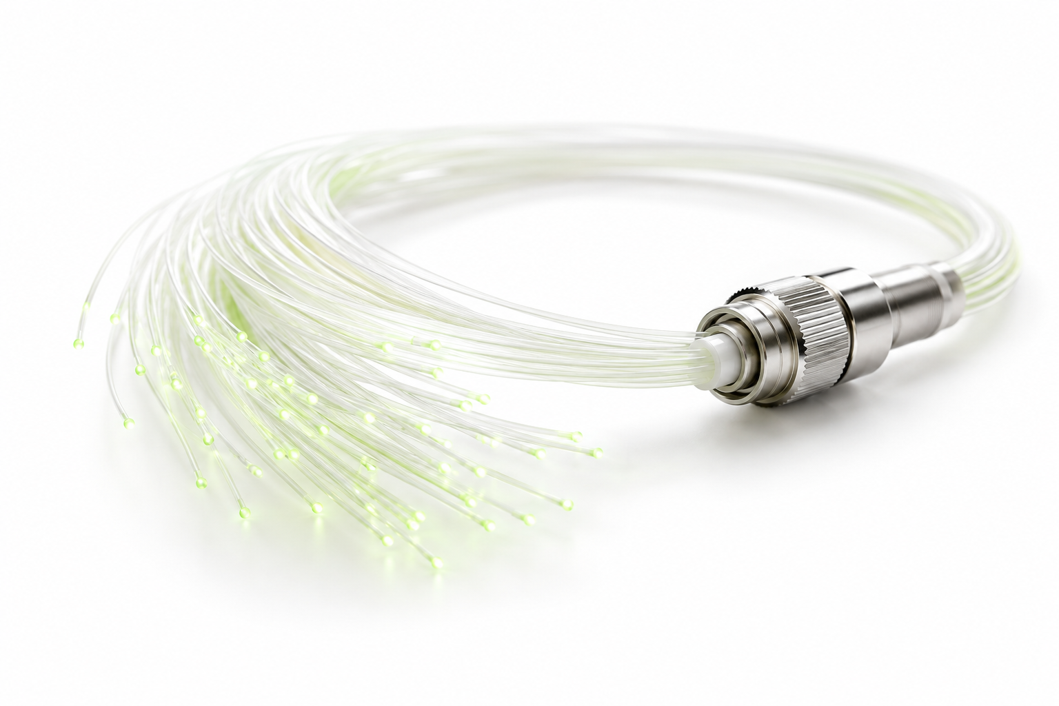 Fine fiber optic strands with pale green accents and a polished silver connector