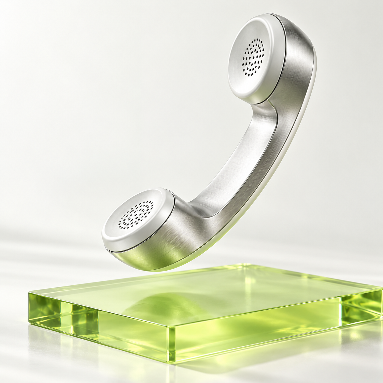 Sculptural silver telephone receiver above a North Green glass platform